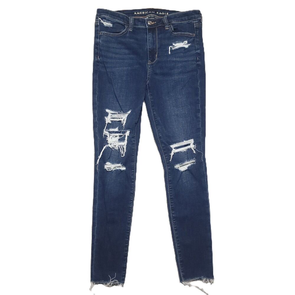 American Eagle High Rise Jegging Womens 6 Short Stretch Blue Distressed Denim